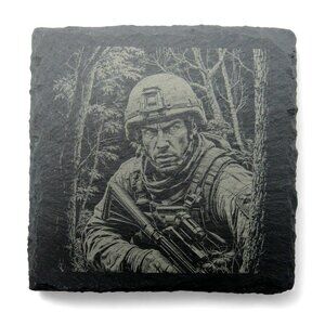 Military SOLDIER Coasters Set of 4 Square Engraved Gray Slate Stone